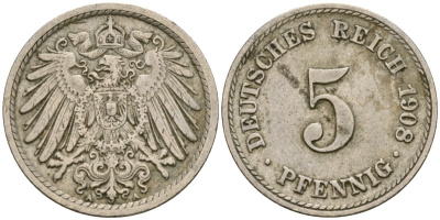 Германия 5 пфеннигов 1908 A KM 11, Jager 12, Weege 6 медно-никель 4588-1217