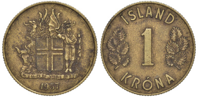Исландия 1 крона 1957 KM 12a никель латунь 4606-434
