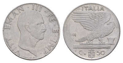 Италия 50 чентезимо 1941 IX год, Виктор Эммануил III (1900-1946) KM 76b нержавеющая сталь 4551-715