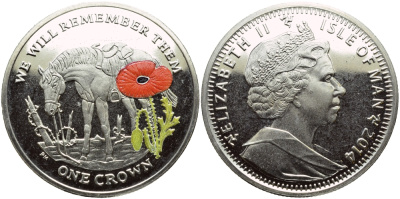 Остров Мэн 1 крона 2014 в память героев первой мировой войны, одинокая лошадь, красный мак KM NEW медно-никель, эмаль  PROOF 1071-4-42