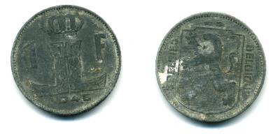 БЕЛЬГИЯ 1 ФРАНК 1946 BELGIE-BELGIQUE, ГЕРМАНСКАЯ ОККУПАЦИЯ, ВТОРАЯ МИРОВАЯ ВОЙНА KM 128 цинк 86-1631