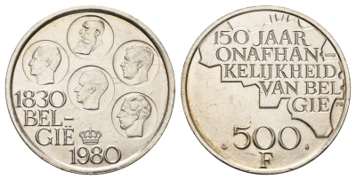 Бельгия 500 франков 1980 150 лет независимости, Belgie KM 162a серебро UNC 1519-1515
