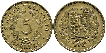 ФИНЛЯНДИЯ 5 МАРОК 1938 S KM 31 алюминиевая бронза 4388-1026
