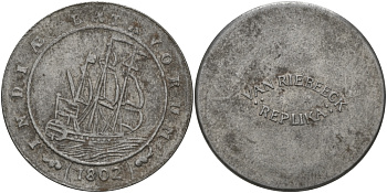 ЕВРОПА ЖЕТОН ND СОВРЕМЕННЫЙ ЖЕТОН С ИЗОБРАЖЕНИЕМ МОНЕТЫ 1802 ГОДА, ПАРУСНИК, БАТАВСКАЯ ИНДИЯ железо 97-735