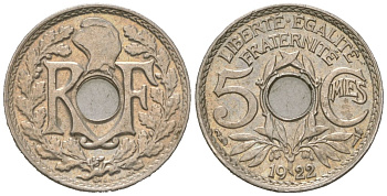 Франция 5 сантимов 1922 KM 875 медно-никель aUNC 4615-645