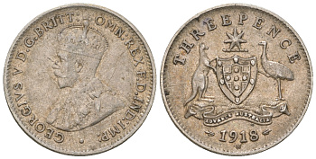 Австралия 3 пенса 1918 Георг V (1910-1936), герб Австралии KM 24 серебро 4385-651