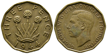 Великобритания 3 пенса 1944 Георг VI (1936-1952) KM 849, Spink 4112 никель латунь 51-936