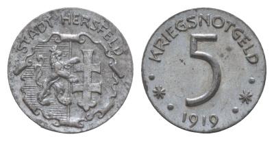 Херсфельд 5 пфеннигов 1919 Funck 211.10, Men18 14380.11 цинк 5010-614