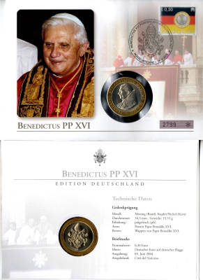 Ватикан медаль "папа Бенедикт XVI" 2005 папа Бенедикт XVI, в конверте с маркой (КПД - Конверт первого дня Гашения) биметалл UNC 9000-24