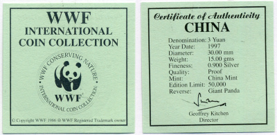 Китай 3 юаня 1997 панда, с сертификатом KM 1035 серебро PROOF 1-5-3-17