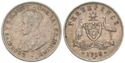 Австралия 3 пенса 1918 Георг V (1910-1936), герб Австралии KM 24 серебро 4385-651