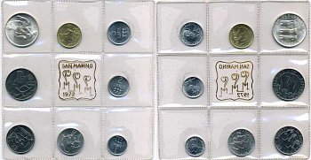Сан-Марино годовой набор из 8 монет 1972 1, 2, 5, 10, 20, 50, 100 и 500 лир мать поднимает ребенка в воздух KM 14-21, в оригинальной пластиковой запайке серебро KM MS1 серебро UNC 5-4-3-45