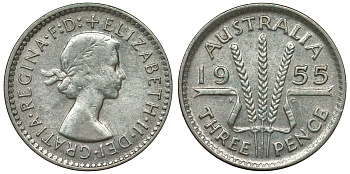 Австралия 3 пенса 1955 m, Елизавета II (1952-2022) KM 57 серебро 71-426