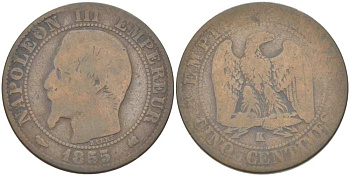 ФРАНЦИЯ 5 САНТИМОВ 1855 K, НАПОЛЕОН III (1852-1870) KM 777.5, LE FRANC 116.24 бронза 217-213