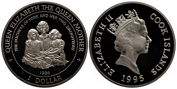 Острова Кука 1 доллар 1995 королева Елизавета-королева мать, в оригинальном картонном буклете, королева и две ее дочери, тираж 30000 экземпляров KM 266 медно-никель PROOF 7-5-6-18