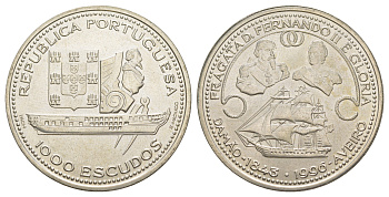 Португалия 1000 эскудо 1996 Восстановление фрегата Фернандо II "Gloria" KM 688 серебро BU 1088-1-23