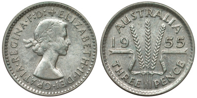 Австралия 3 пенса 1955 m, Елизавета II (1952-2022) KM 57 серебро 71-426