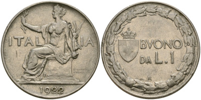 Италия 1 лира 1922 Виктор Эммануил III (1900 - 1946) KM 62 никель 4168-943