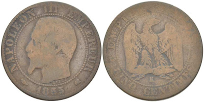 ФРАНЦИЯ 5 САНТИМОВ 1855 K, НАПОЛЕОН III (1852-1870) KM 777.5, LE FRANC 116.24 бронза 217-213
