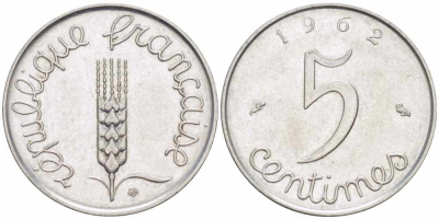 ФРАНЦИЯ 5 САНТИМОВ 1962 ПЯТАЯ РЕСПУБЛИКА KM 927, LE FRANC 124.4 хромированная сталь 105-426