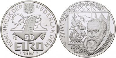 Нидерланды 50 евро 1997 Йохан ван Олденбарневелт (1547-1619), парусник серебро PROOF 1077-4-31