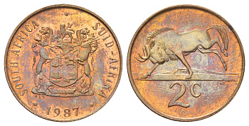 ЮАР 2 цента 1987 герб, антилопа гну KM 83 бронза UNC 4695-1053