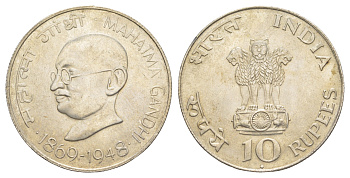 Индия 10 рупий 1969 100 лет со дня рождения Махатмы Ганди KM 185 серебро BU 650-1033
