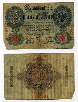 Германия 20 марок 1910 6 значный номер Pick 40 a бумага 8619-40-2-1