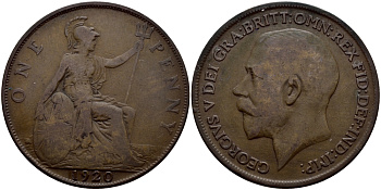 Великобритания 1 пенни 1920 Георг V (1910-1936) KM 810, Spink 4051 бронза 3334-222