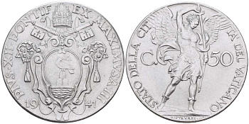 ВАТИКАН 50 ЧЕНТЕЗИМО 1941 ГОД III, ПАПА ПИЙ XII (1939-1958), АРХАНГЕЛ МИХАИЛ KM 25а нержавеющая сталь XF 3896-1624