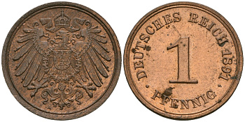 Германия 1 пфенниг 1891 A, Вильгельм II (1888-1918) KM 10, J. 10 медь aUNC 1525-223