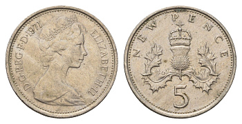 Великобритания 5 пенсов 1971 Елизавета II (1952-2022) KM 911, Spink 4233 (D1) медно-никель 4673-914