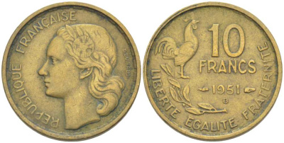 Франция 10 франков 1951 B, петух KM 915.2, Le Franc 363.5 алюминиевая бронза 175-634
