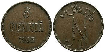 Россия для Финляндии 5 пенни 1913 Николай II (1894-1917) КМ 15, Биткин 453 медь 4382-835