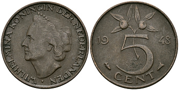 НИДЕРЛАНДЫ 5 ЦЕНТОВ 1948 ВИЛЬГЕЛЬМИНА KM 176 бронза 95-231
