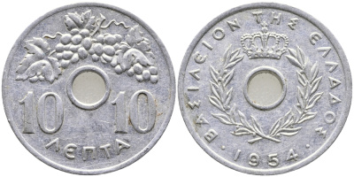 Греция 10 лепта 1954 Павел I (1947-1964), виноградная лоза KM 78 алюминий 28-812