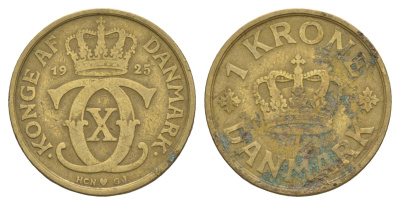 Дания 1 крона 1925 HCN, Кристиан X (1912-1947) KM 824 алюминиевая бронза 4657-333