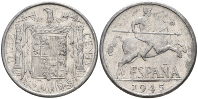 Испания 10 сентимо 1945 Франсиско Франко (1939 - 1975) KM 766 алюминий 4155-243