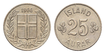 Исландия 25 эйре 1966 KM 11 медно-никель UNC 4690-641