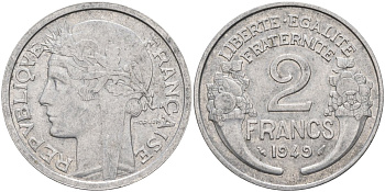 Франция 2 франка 1949 тип Morlon KM 886a.1, Le Frank 369.14 алюминий 4116-1151