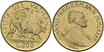 ВАТИКАН 200 ЛИР 1982 ГОД IV, ИОАНН ПАВЕЛ II (1978-2005), КРЕСТЬЯНСКИЙ ТРУД, ЗЕМЛЕПАШЕЦ НА БЫКАХ KM 165 алюминиевая бронза 4519-321