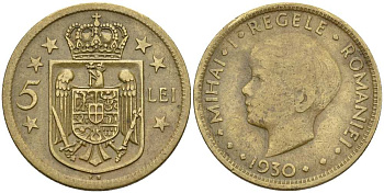 Румыния 5 лей 1930 KN, Михай I (1927-1930) KM 48 никель латунь 4519-117