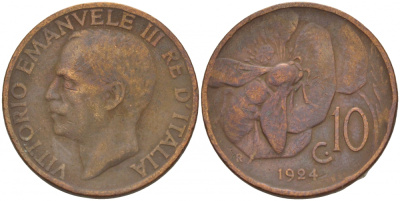 ИТАЛИЯ 10 ЧЕНТЕЗИМО 1924 R, ВИКТОР ИМАНУИЛ, ПЧЕЛА KM 60 медь 4544-1053