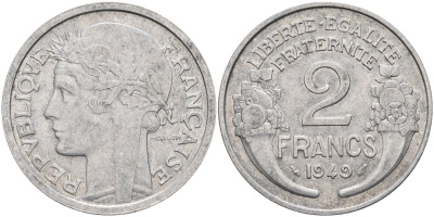 Франция 2 франка 1949 тип Morlon KM 886a.1, Le Frank 369.14 алюминий 4116-1151