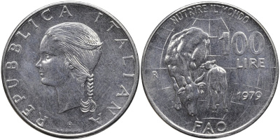 Италия 100 лир 1979 R, FAO, корова с теленком KM 106 нержавеющая сталь 4165-123