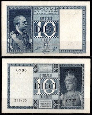 Италия 10 лир 1935 (1944) Витторио Эмануэле III Pick 25 c бумага aUNC 451-1092-3