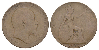 Великобритания 1 пенни 1906 Эдуард VII (1901-1910) KM 794.2, Spink 3990 бронза 111-643