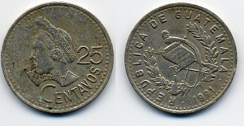 Гватемала 25 сентаво 1991 большая голова, Республика Гватемала KM 278.5  медно-никель 51-4843
