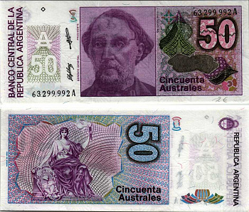 АРГЕНТИНА 50 АУСТРАЛЕЙ 1989 СЕРИЯ А63299, БАРТОЛОМЕ МИТРЕ, АРГЕНТИНСКИЙ ПОЛИТИК, ПОЛКОВОДЕЦ Pick 326b бумага UNC (ПРЕСС) 7547-62-1-1