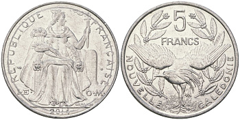 Французская Новая Каледония 5 франков 2014 птица кагу, (IEOM) KM 16, Schoen 12, Lec 81k алюминий 4117-1012